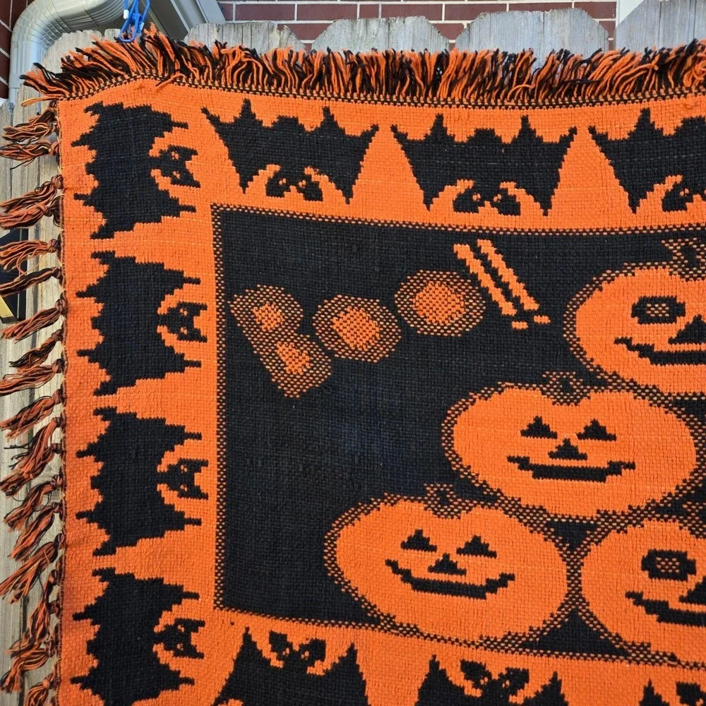 Vtg 1996 Windham Trading Pumpkin Halloween Tapestry Rug Throw Decor 30 X 48